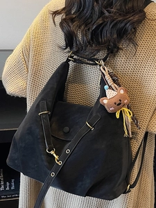 Retro black faux suede tote bag with cute plush bear pendant and large capacity
