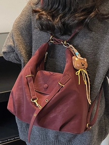 Vintage burgundy suede large tote bag for women with cute bear charm and drawstring straps