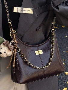 Dark brown high-gloss oil wax leather hobo bag with gold chain and bear charm for women