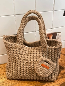 Women Crochet Hand-Woven Shoulder Bag Knitted Woolen Fabric Tote Bag With Small Round Charm Minimalist Daily Handbag