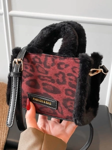 Sac à Épaule Imprimé Léopard Vintage pour Femmes avec Bordure en Fourrure Synthétique Sac à Bandoulière en Cuir PU Mode Hiver