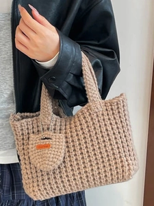 Minimalist khaki hand-woven crochet handbag with a matching mini coin purse accessory