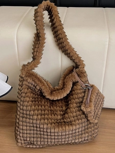 Brown faux fur cloud tote bag with pleated texture and matching coin purse charm