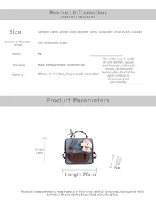 Detailed size chart of vintage PU backpack showing dimensions 20cm x 18cm x 9cm and capacity