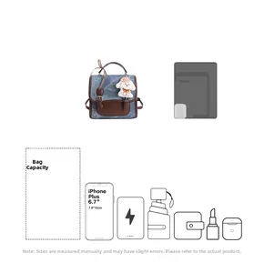 Size comparison and interior capacity view of small denim and brown leather backpack