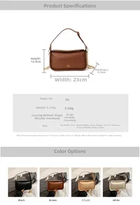Tableau détaillé des tailles, matériaux en PU et options de couleurs pour le sac à bandoulière
