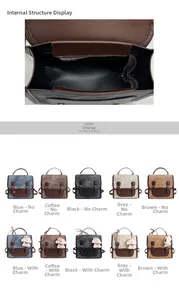 Detail view of compact faux leather backpack showing internal zipper and multiple color options