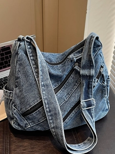 Sac à Épaule en Denim Grande Capacité pour Femmes Sac Cabas Souple Lavé Avec Poches à Fermeture Éclair Multiples Bandoulière Réglable