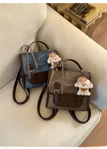 Detail view of retro academy style backpacks in blue and brown with plaid bow and dog charm