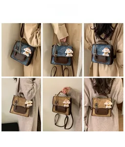 Collage of retro backpacks in denim blue and khaki brown with plush puppy pendants