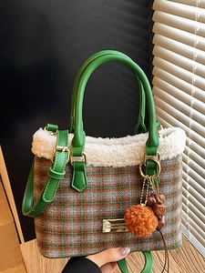Damen Karo Plüsch Beuteltasche Winter Kunstpelz Besatz Handtasche Kontrastfarben Patchwork Umhängetasche Lässig Tägliche Schultertasche