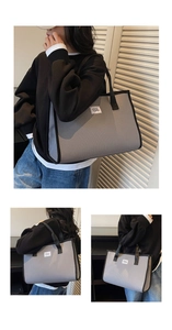 Vertical three-panel view showing a grey plaid tote bag on a model in a minimal room