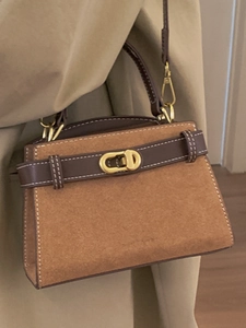 Retro brown suede trapezoid handbag with white stitching and golden lock for women