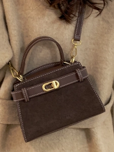 Retro dark brown suede small square handbag with crossbody strap for elegant women