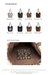 Detail of ethnic jacquard tote bag showing internal lining pocket and four color options