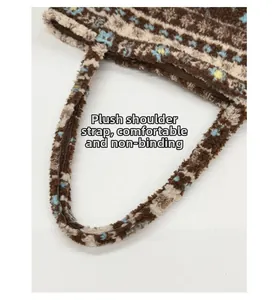 Detail of plush tote bag shoulder strap with beige floral pattern on brown faux fur