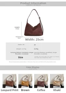 Detailed size chart and multi-color options for leopard print frosted shoulder bag