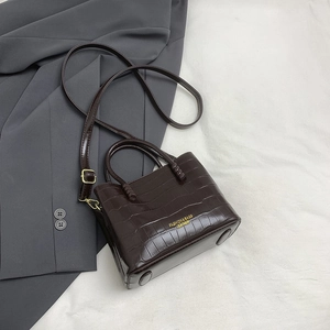 Dettaglio borsa a secchiello marrone scuro con trama a coccodrillo e logo dorato
