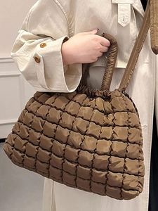 Brown quilted puffer tote bag with large capacity for women commuting and casual use