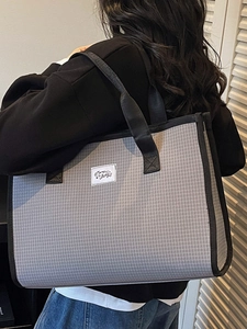 Large capacity grey plaid tote bag with black handles for student and office commuting