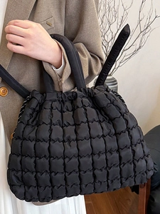 Lightweight black quilted puffer tote bag for women with drawstring and handles
