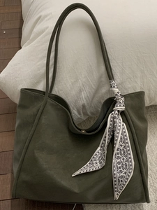 Olive green vintage large capacity tote bag with decorative silk scarf on shoulder strap