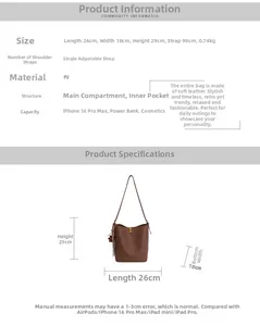 Tableau des tailles détaillé pour le sac seau rétro marron avec dimensions et capacité