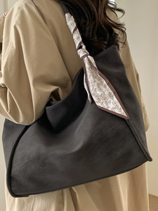 Vintage large capacity charcoal grey hobo tote bag with a paisley silk scarf on the strap