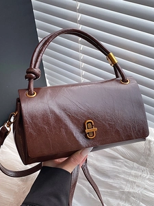 Women Vintage PU Leather Shoulder Bag Urban Simple Handbag With Lock Closure Knot Handle Detail Solid Color Messenger Bag