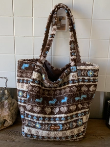 Women Plush Faux Lamb Wool Tote Bag Large Capacity Jacquard Ethnic Pattern Shoulder Bag Winter Korean Style Casual Handbag