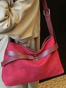 Retro red faux suede tote bag with leather straps and metal buckle for women