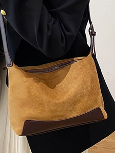 Brown frosted suede shoulder bag with retro design and dark leather trim for women