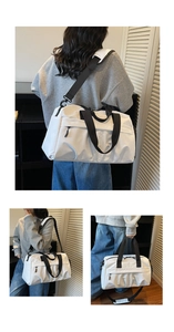 Three-way view of a white gym bag showing handheld, shoulder, and crossbody carry styles
