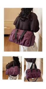 Detail view of purple waterproof gym bag with separated dry and wet storage compartments
