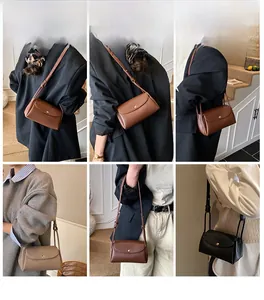 Detailed views of women's leather crossbody bag shown in various fashion outfits