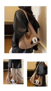 Detail view of the plush knitted tote bag featuring a cute cartoon puppy design