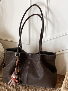 Women Large Capacity PU Leather Tote Bag Vintage Contrast Stitching Shoulder Bag With Teddy Bear Charm Daily Travel Bag