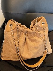 Women Suede Quilted Rhombic Shoulder Bag Fashion Chain Pleated Bucket Bag Minimalist Urban Tote For Daily Autumn Winter
