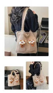 Detailed views of a beige knit tote bag featuring cute plush cat dolls in daily scenes
