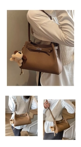 Detailed views of a dark brown pebble leather shoulder bag with buckle and plush charm