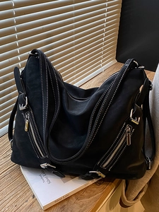 Vintage black large tote bag with contrast stitching and multi-pocket functional design