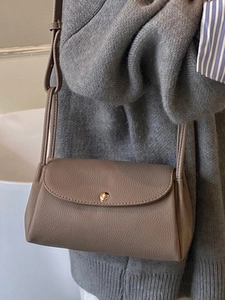 Minimalist khaki leather crossbody bag with lychee texture and gold round buckle for women