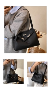 Detailed views of a black pebbled leather bucket bag with silver lock and plush charm