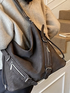 Retro large-capacity tote bag in dark brown suede finish with vintage zippers