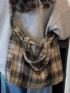 Grand sac cabas à carreaux jaune et gris en flanelle, sac à bandoulière décontracté