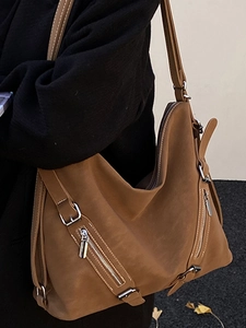 Vintage brown large capacity tote bag made of soft suede with adjustable shoulder straps