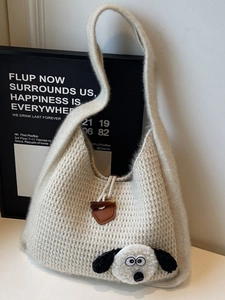 Off-white knitted tote bag with cute cartoon sheep patch and brown leather buckle strap