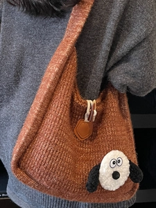 Brown knit shoulder bag with cute cartoon dog patch and toggle button closure