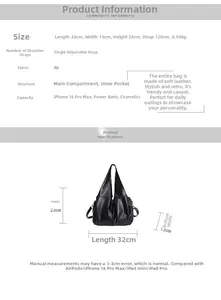 Tableau des tailles du grand sac cabas noir vintage en PU avec détails techniques