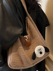 Brown knitted tote bag with cute sheep patch and wooden buckle for winter fashion